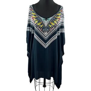 RED CARTER Black M/L Swim Cover Up Tunic Top Boho Peacock Scoop Neck 3/4 Sleeves